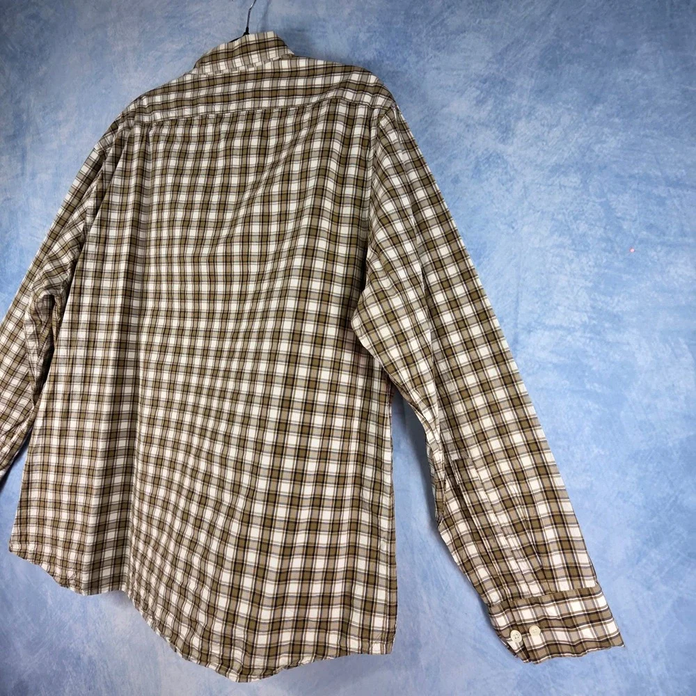 Banana Republic Mens XL Untucked Standard Fit Plaid Button Down Shirt Brown Tan